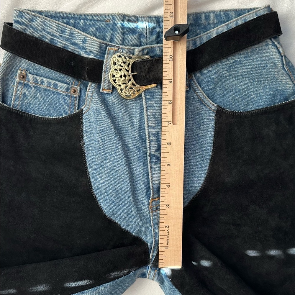 Vintage 80's PEPE Suede Chaps Patchwork Denim Jeans w/ Belt Jrs 7/8 Women’s 0/2 - Picture 7 of 11
